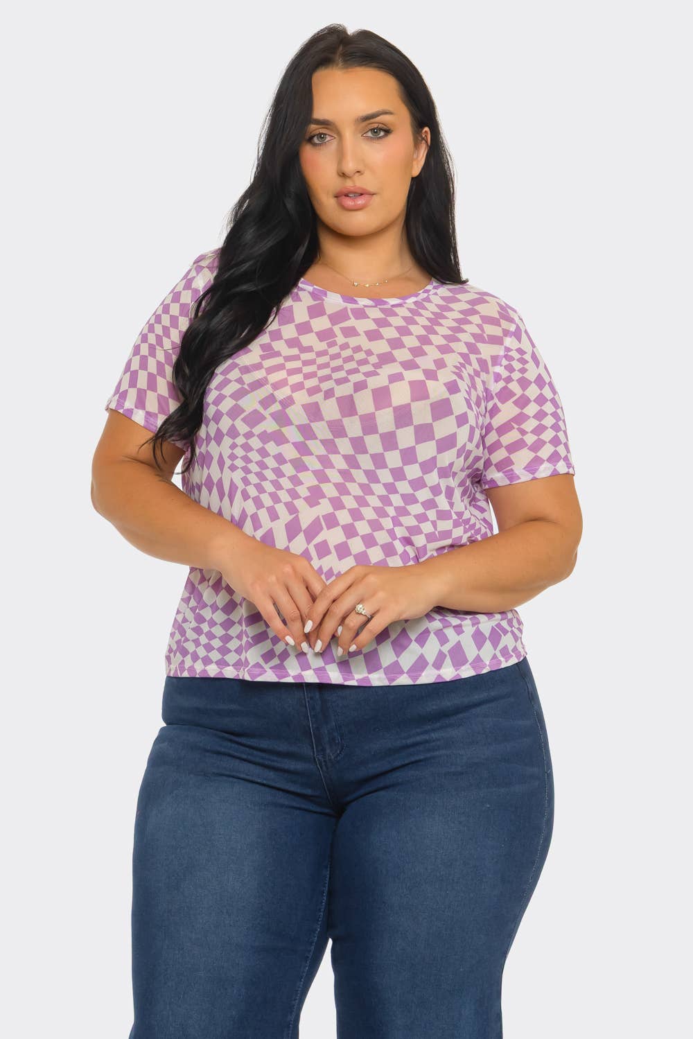 Plus Size Mesh See Through Checker Print Top