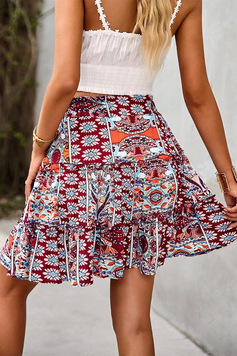 High Waist Drawstring Print Short Skirt