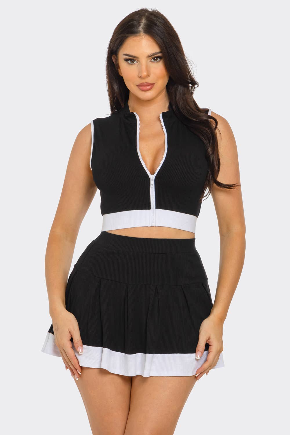 Front Zipper Crop Top And Pleated Mini Skirt Set