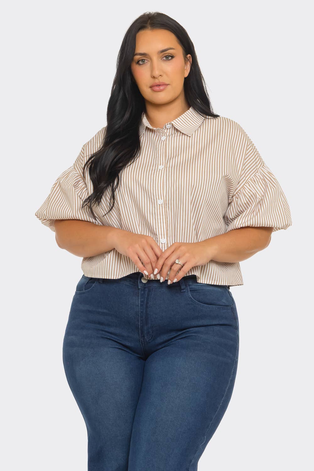Plus Size Stripe Button Down Bubble Sleeve Shirts Crop Top