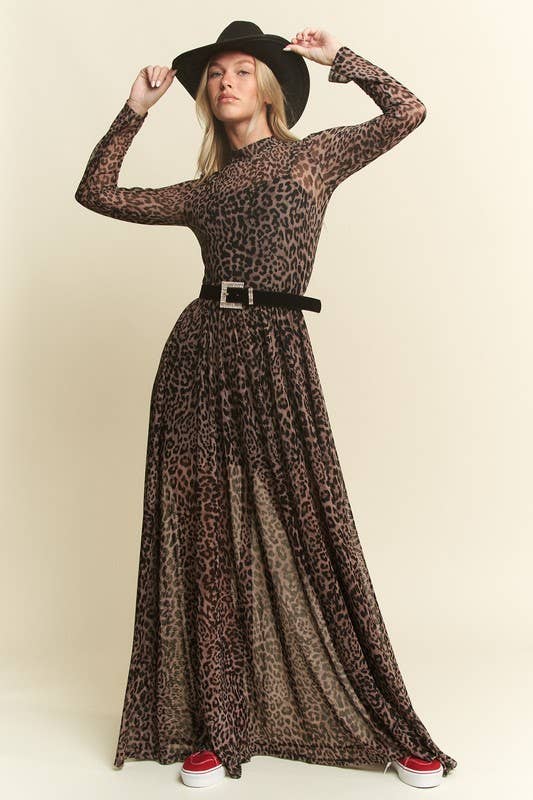 PLUS SIZE LONG SLEEVE MOCK NECK ANIMAL PRINT MESH MAXI DRESS