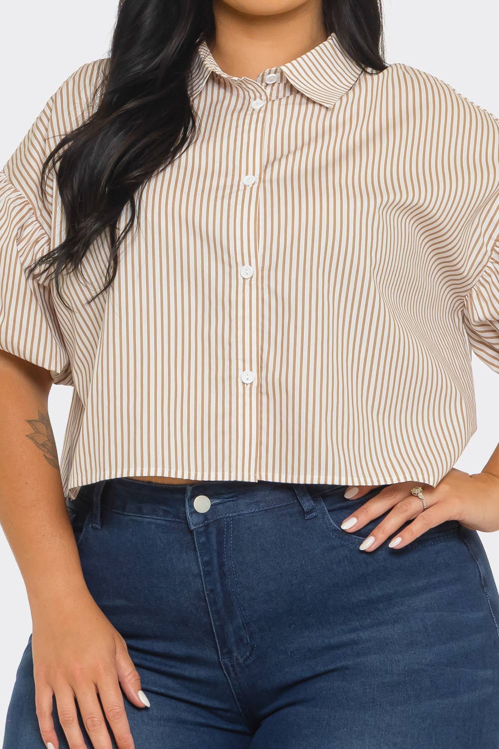 Plus Size Stripe Button Down Bubble Sleeve Shirts Crop Top