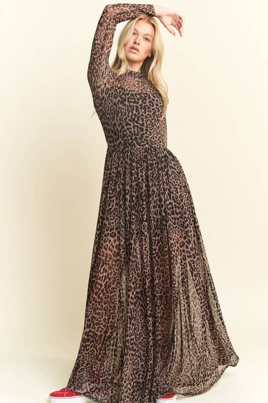 PLUS SIZE LONG SLEEVE MOCK NECK ANIMAL PRINT MESH MAXI DRESS