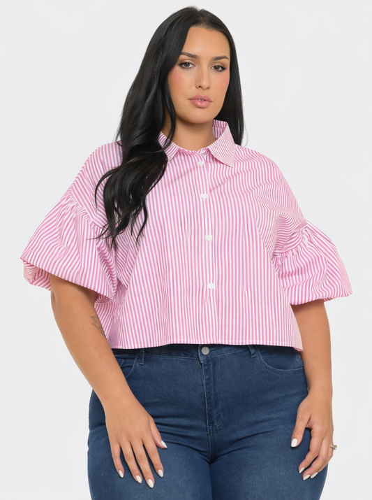 Plus Size Stripe Button Down Bubble Sleeve Shirts Crop Top