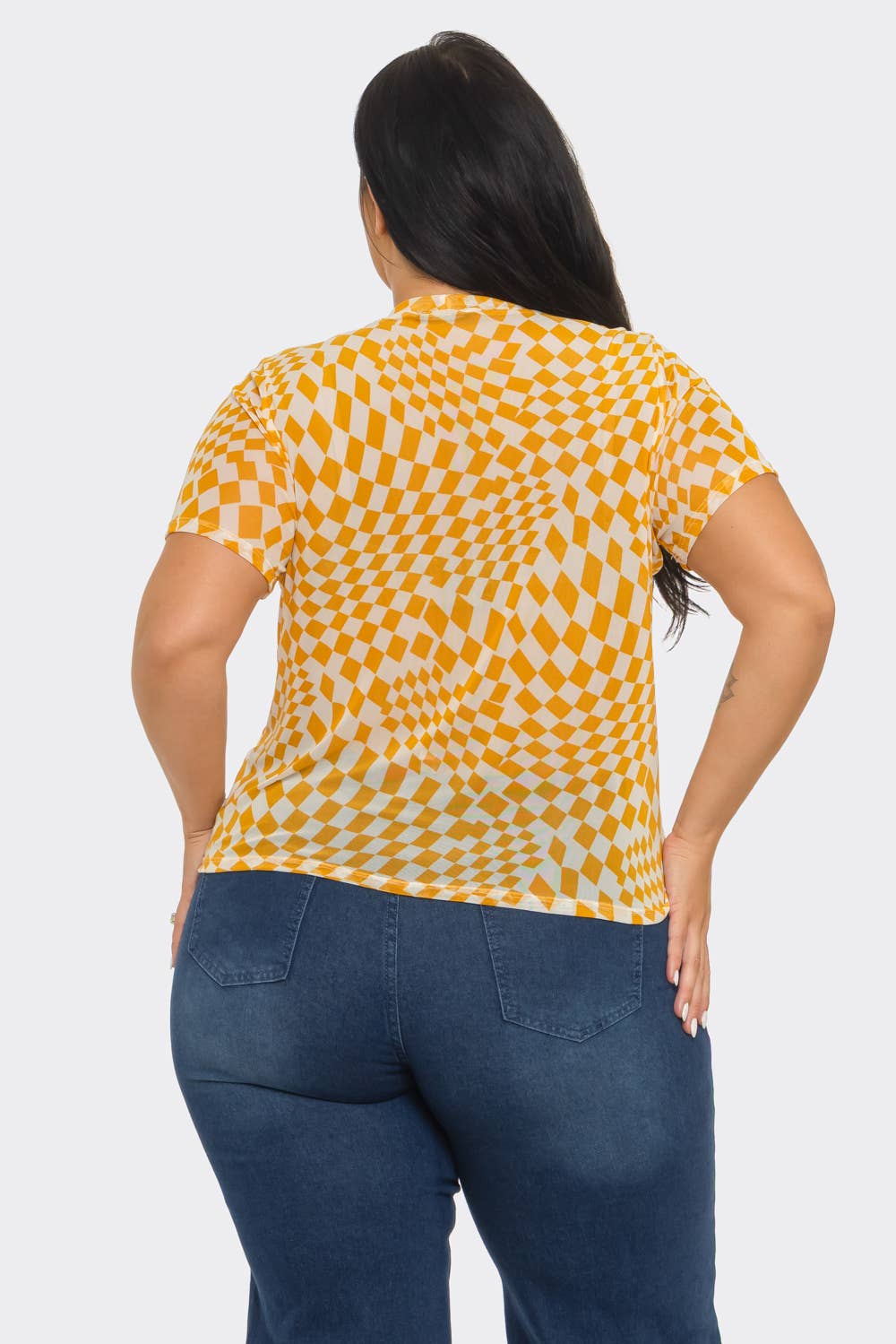 Plus Size Mesh See Through Checker Print Top