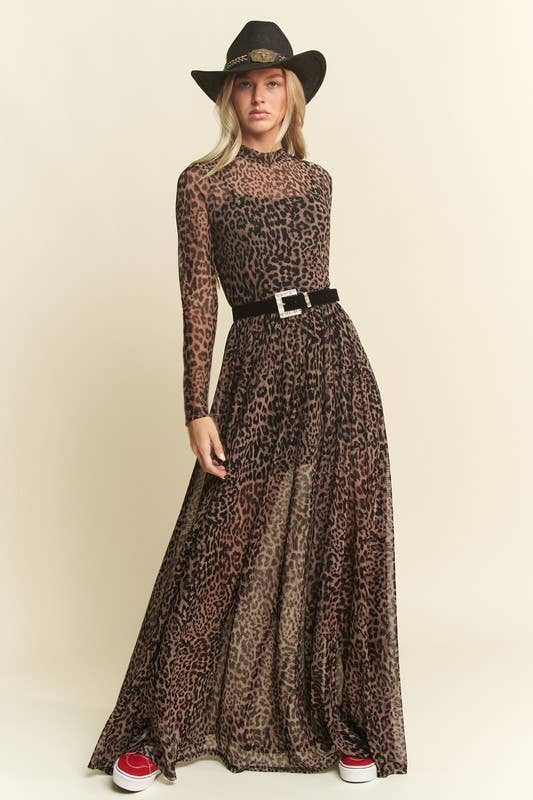 PLUS SIZE LONG SLEEVE MOCK NECK ANIMAL PRINT MESH MAXI DRESS