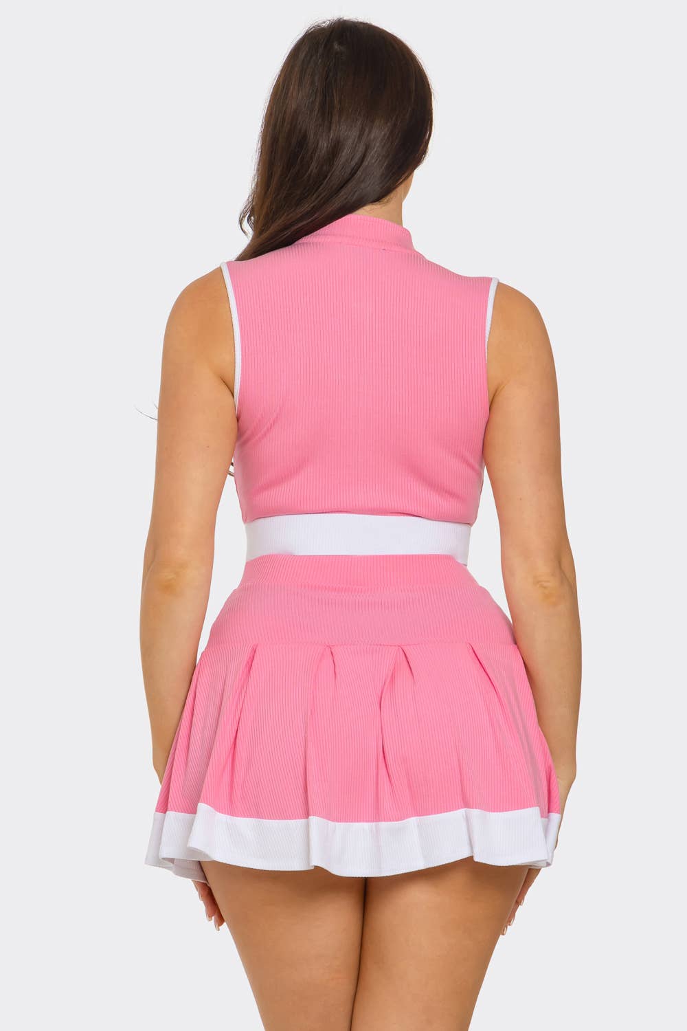 Front Zipper Crop Top And Pleated Mini Skirt Set