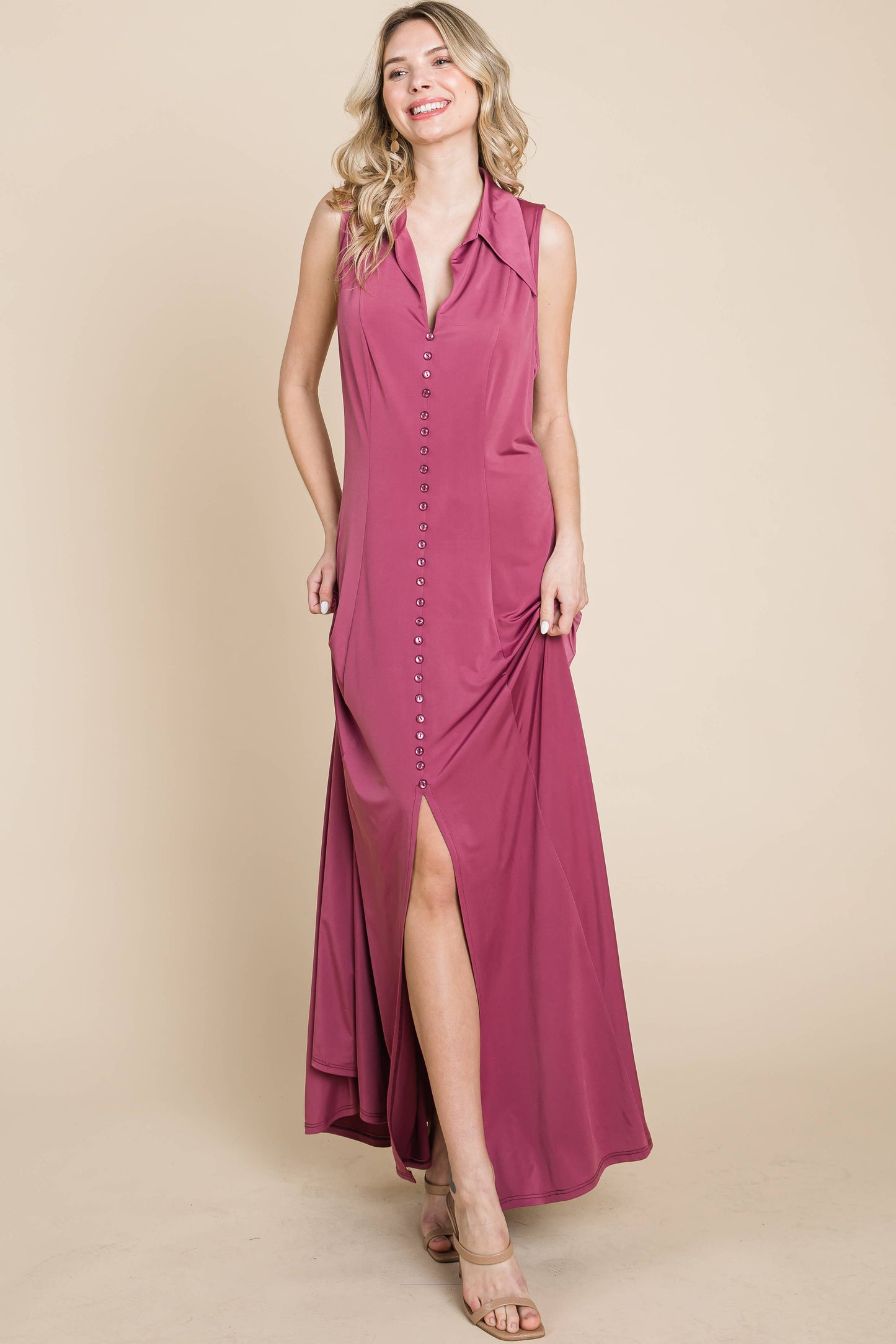 ETD-8903-PL Plus Size Solid Venezia V-Neck Maxi Dress