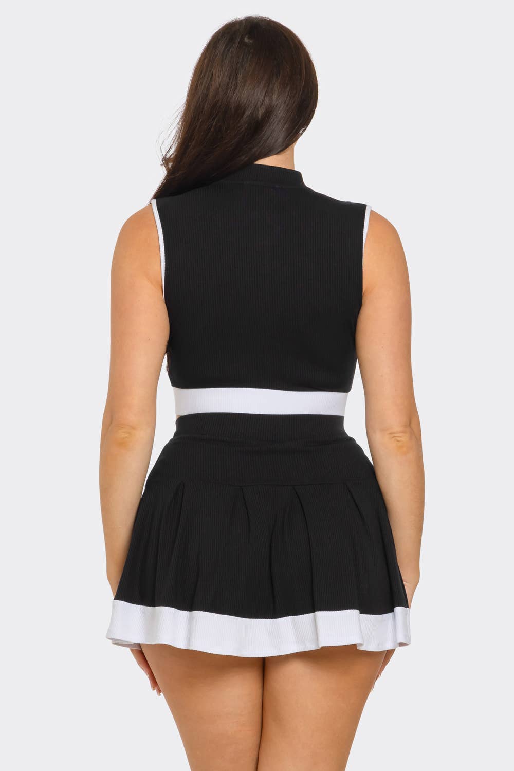 Front Zipper Crop Top And Pleated Mini Skirt Set
