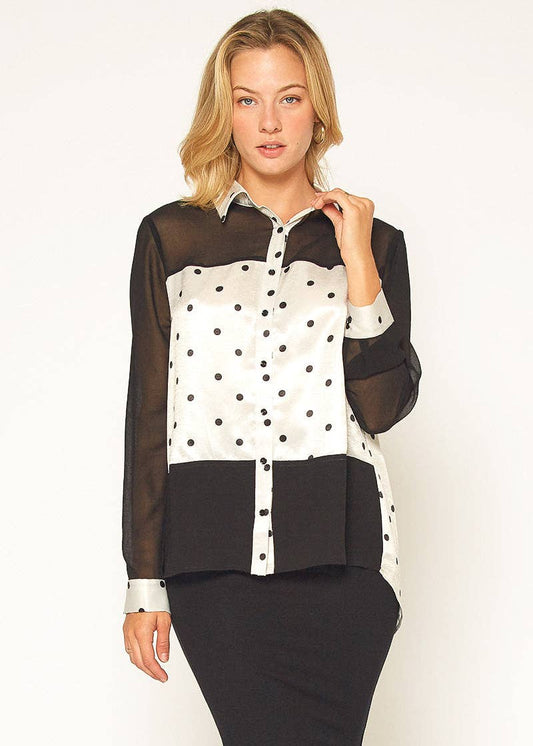 Pleione Polkadot Mesh Button Up Shirt Blouse In Black Ivory