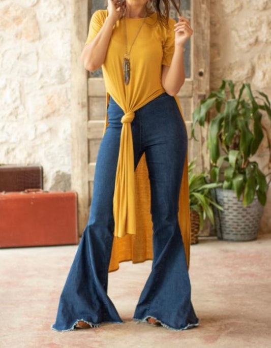 No button Waist band bell bottoms jeans